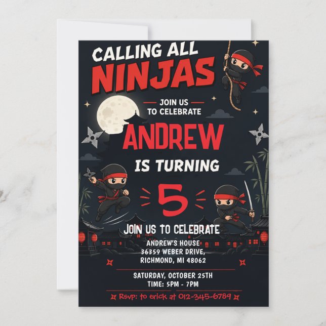 Convite Festa de aniversário personalizada de ninja para c (Frente)