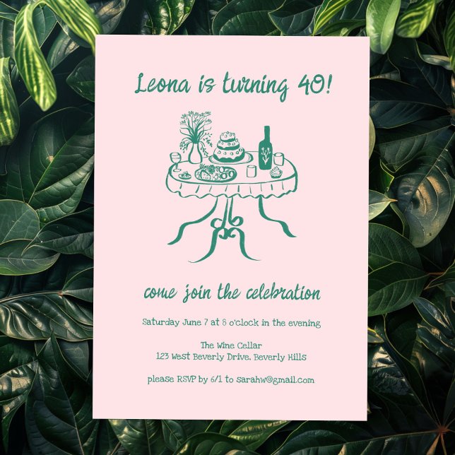 Convite Festa de aniversário Personalizada de Picnic de Bu (Whimsical Cute Buffet Picnic Custom Birthday Party Invitation
Pink Green)