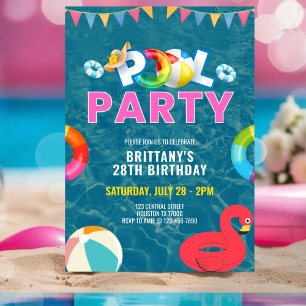 Convite Festa de aniversário Personalizada de Piscina Rosa