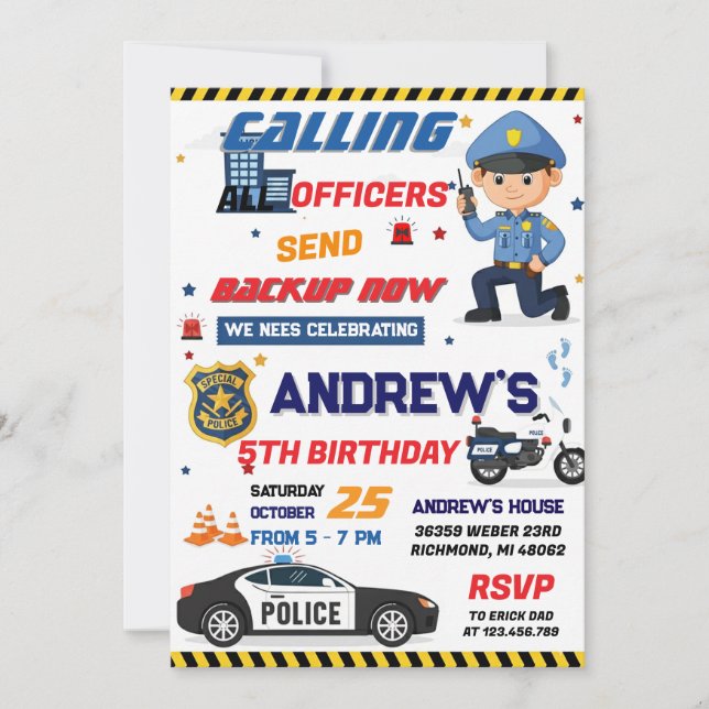 Convite Festa de aniversário personalizada de policial mod (Frente)