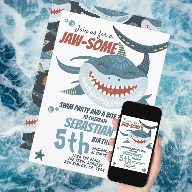 Convite Festa de aniversário Personalizada de Tubarão Feli (Jawsome Shark Birthday Party invitation from Ricaso. Available as printed or digital download. )