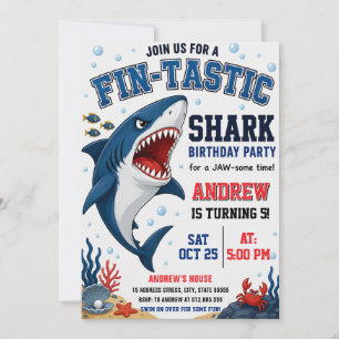 Convite Festa de aniversário personalizada de tubarão ocea