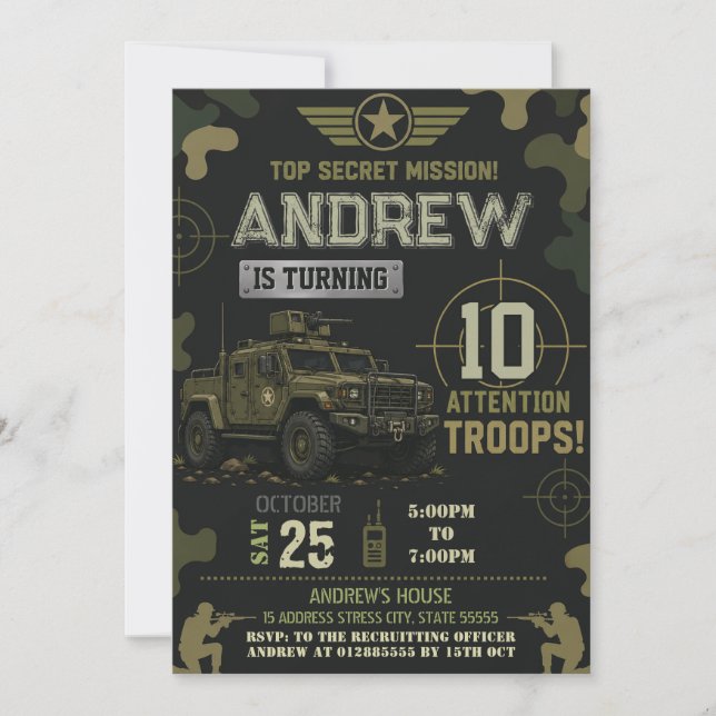 Convite Festa de aniversário personalizada do Exército (Frente)