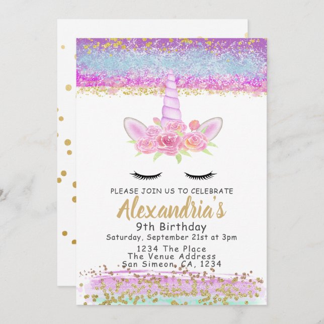 Convite Festa de aniversário Personalizada do Magical Unic (Frente/Verso)