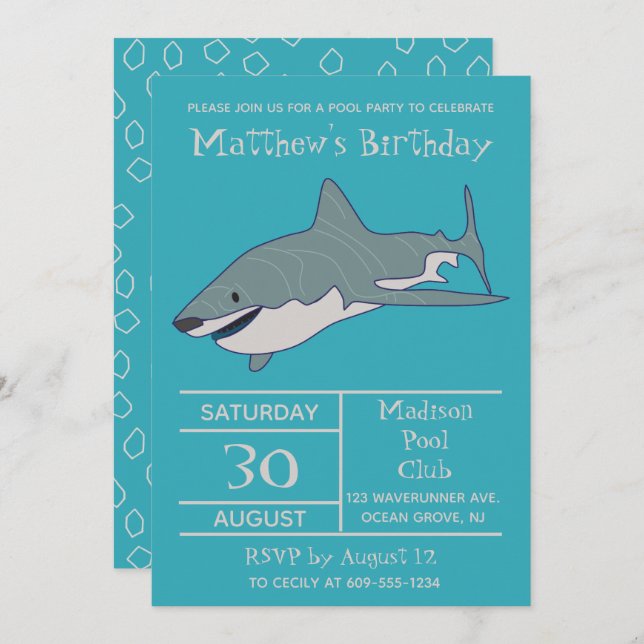 Convite Festa de aniversário Personalizada do Tubarão Bran (Frente/Verso)