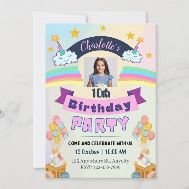 Convite Festa de aniversário Personalizada do Unicorn Rain (Frente)