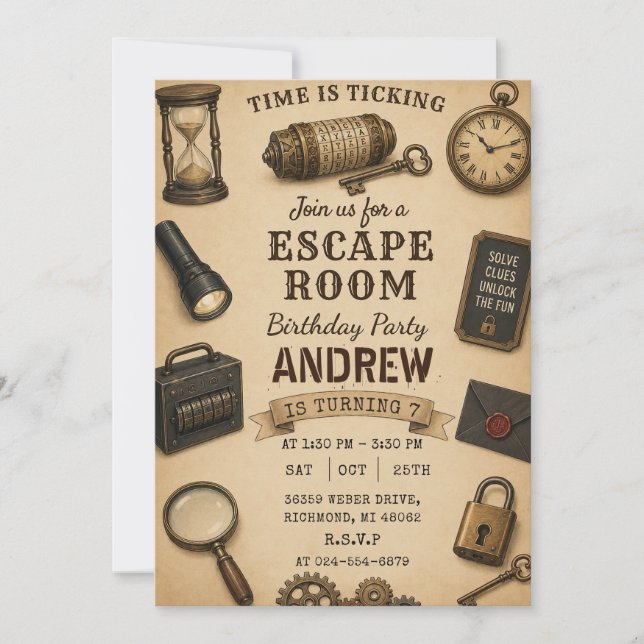 Convite Festa de aniversário personalizada em Escape Room (Frente)