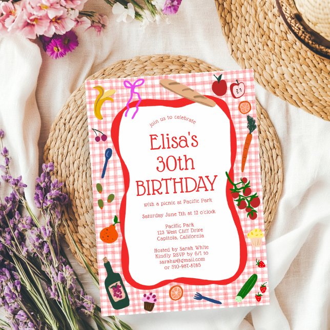 Convite Festa de aniversário PERSONALIZADA Gingham Picnic  (Gingham Picnic Modern Cute CUSTOM BIRTHDAY PARTY Invitation
)