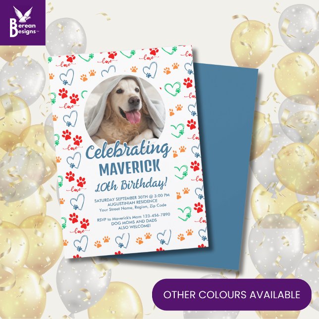 Convite Festa de aniversário Personalizável de Cães (Cute dog birthday invitation with customizable photo and text and colorful paw print pattern.)