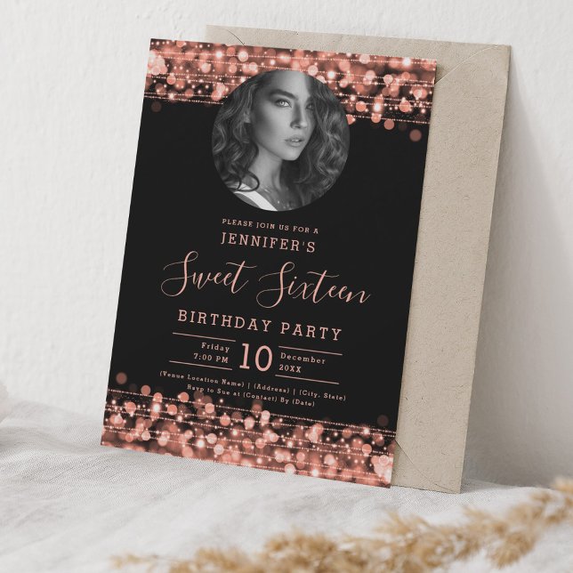 Convite FESTA DE ANIVERSÁRIO PHOTO Dourado Sparkles Doce 1 (PHOTO Rose Gold Sparkles Sweet 16 Birthday Party Invitation)