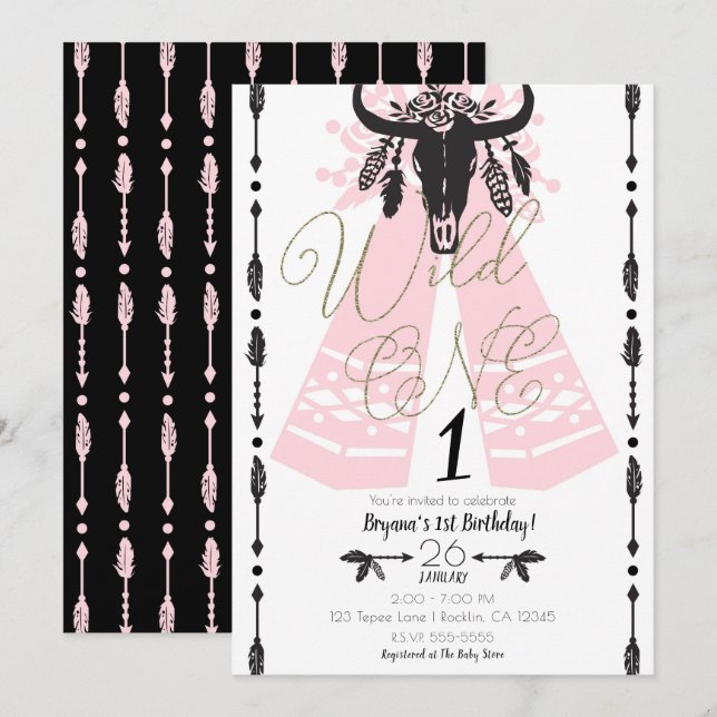 Convite Festa de Aniversário Pink & Black Boho Chic Wild O (Frente/Verso)