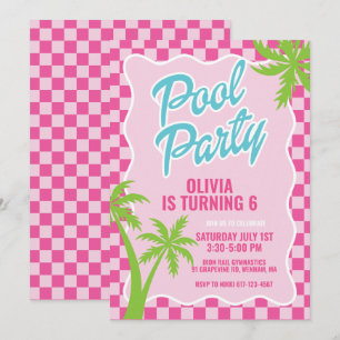 Convite festa de aniversário pink malibu check pool party