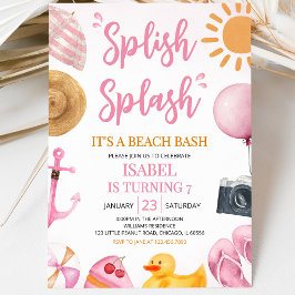 Convite Festa de Aniversário Pink Splish Splash na Praia