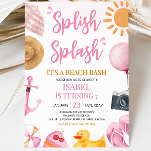 Convite Festa de Aniversário Pink Splish Splash na Praia