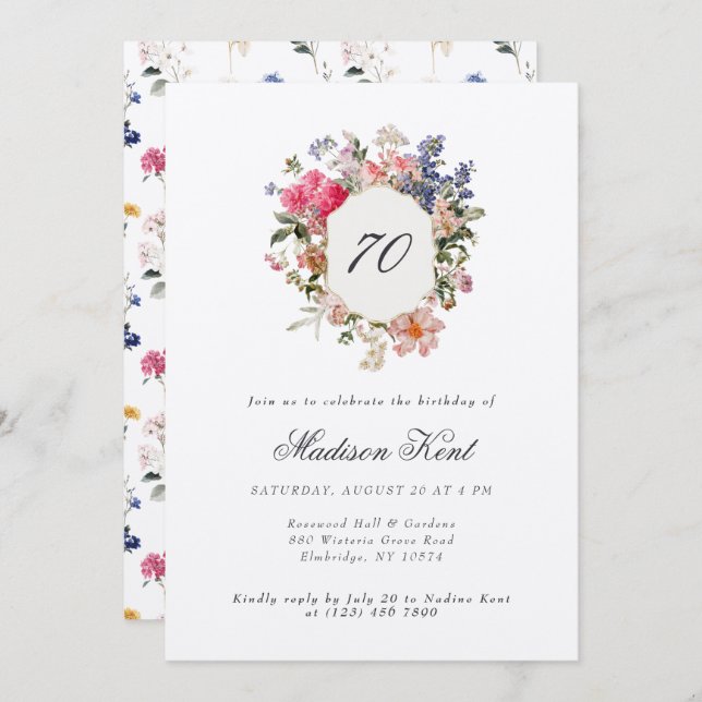 Convite Festa de aniversário Pintada de 70 de repouso flor (Frente/Verso)