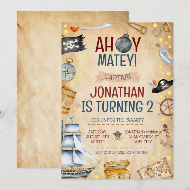 Convite Festa de aniversário Pirata (Frente/Verso)