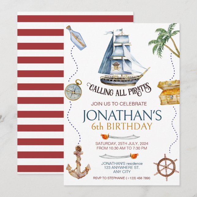 Convite Festa de aniversário Pirata (Frente/Verso)