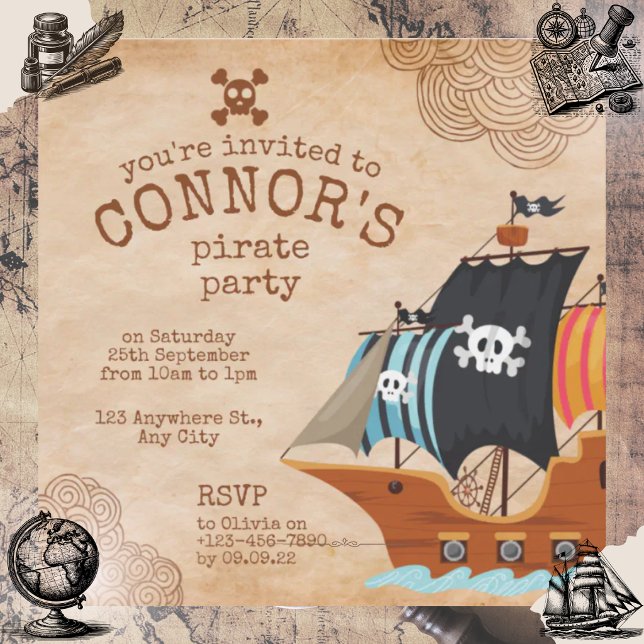 Convite Festa de Aniversário Pirata Rústica com Navio Anti (Criador carregado)