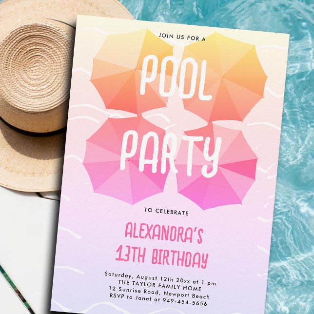 Convite Festa de aniversário piscina Rosa Guarda-chuvas Le (teen pool party invitations for girls tween thirteen pink umbrellas pattern cute modern cool girly)