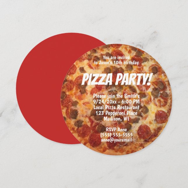 Convite Festa de Aniversário Pizza com Salsicha Pepperoni  (Frente/Verso)