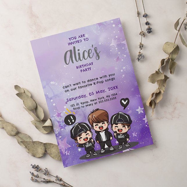 Convite Festa de aniversário Pop Music coreana K-Pop Boyba (Criador carregado)