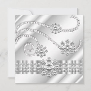 Convite Festa de Aniversário Prata Diamantes Jóias Branco 