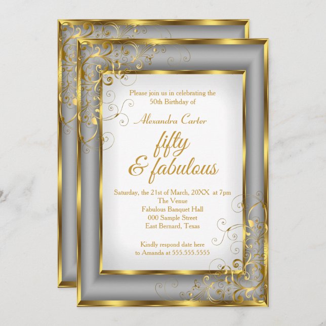 Convite Festa de aniversário prata fabulosa de cinza Doura (Frente/Verso)