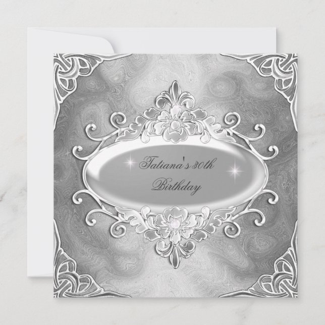 Convite Festa de aniversário Prata Na Glitter Metálica Pra (Frente)