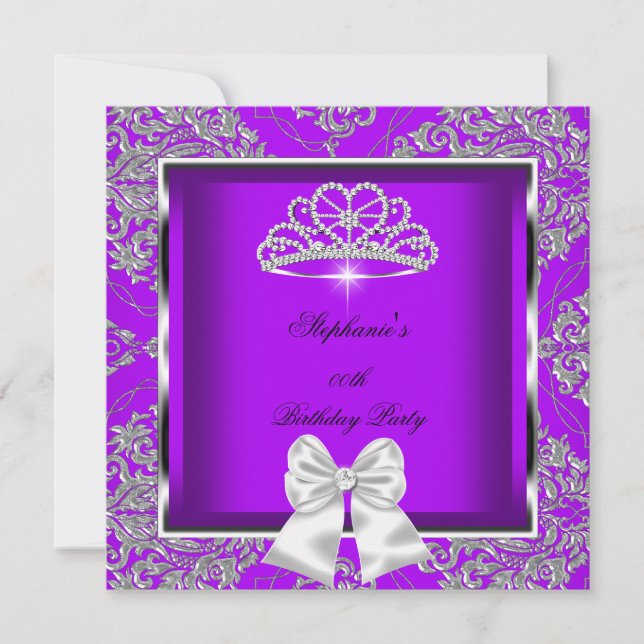Convite Festa de aniversário prateada com Damasco roxo ele (Frente)