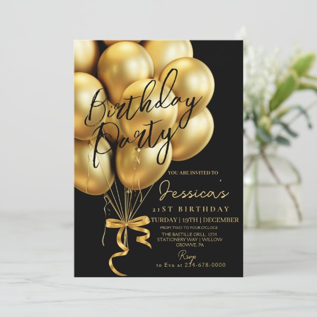 Convite Festa de Aniversário Preta com Letra Moderna Doura (Em pé/Frente)