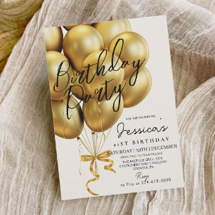 Convite Festa de Aniversário Preta Escrita Dourada Minimal