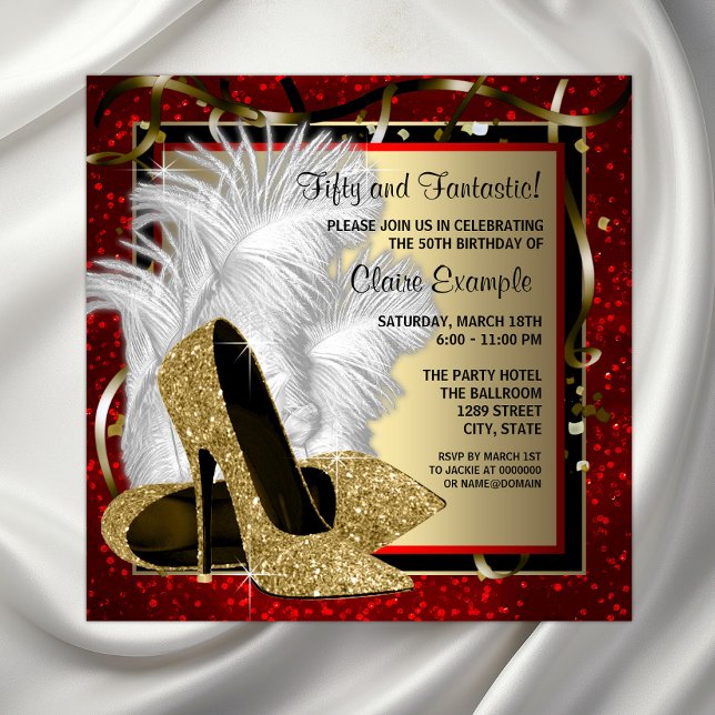 Convite Festa de aniversário Preta Vermelha de Alto Curso (Beautiful gold shoes on a red, black and gold feathers and confetti background any event invitation.)