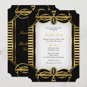 Convite Festa de Aniversário Preto Branco Dourado Listra A