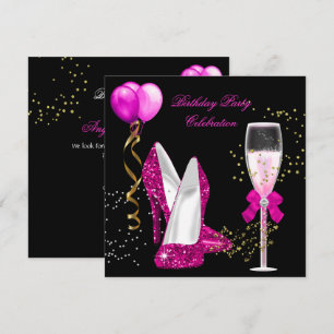 Convite Festa de Aniversário Preto com Brilho Dourado Rosa