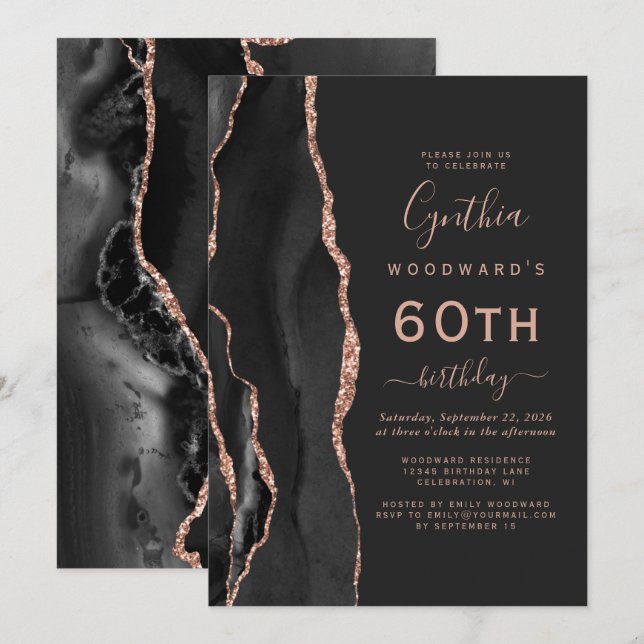 Convite Festa de aniversário preto Dourado Agate Dark 60th (Frente/Verso)