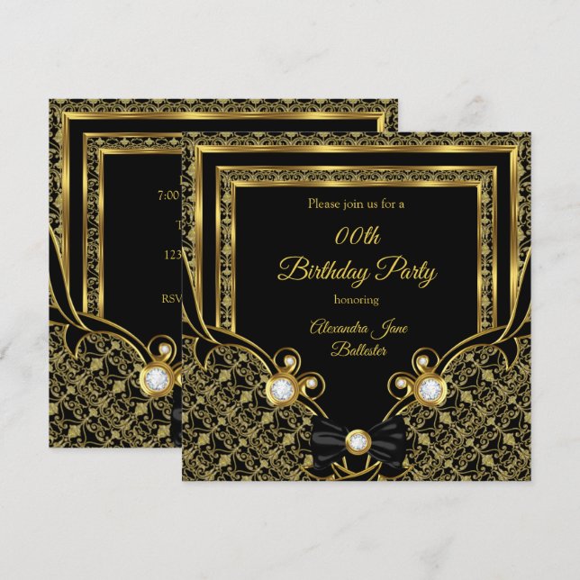Convite Festa de Aniversário Preto Dourado Damask com Arco (Frente/Verso)