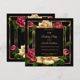 Convite Festa de Aniversário preto Dourado floral Rosa cre