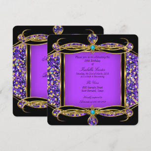 Convite Festa de Aniversário Preto Dourado Roxo Brilhante 
