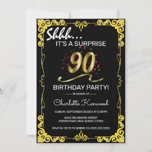Convite Festa de aniversário preto e 90 Dourado na moda Su