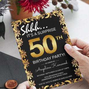 Convite Festa de aniversário preto e Dourado 50º Surpresa