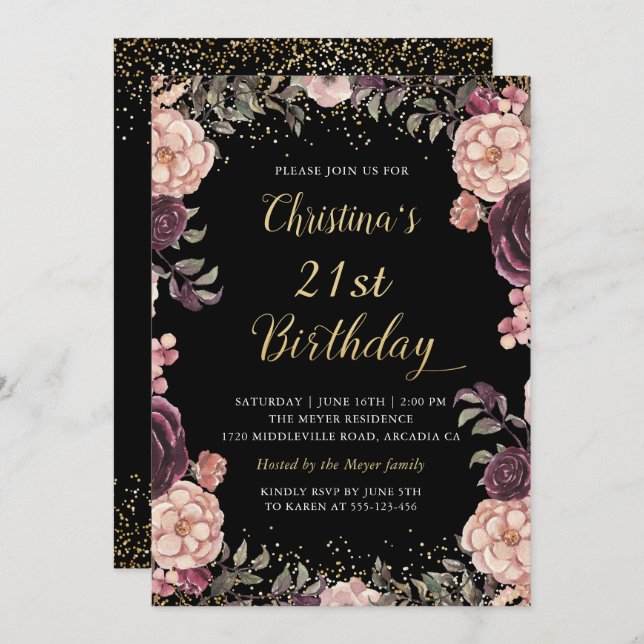 Convite Festa de aniversário Preto Floral Rosa-Rosa Chic (Frente/Verso)