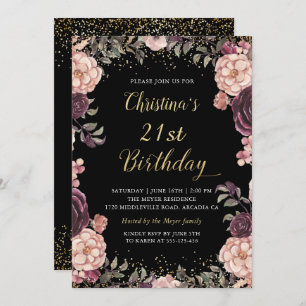 Convite Festa de aniversário Preto Floral Rosa-Rosa Chic