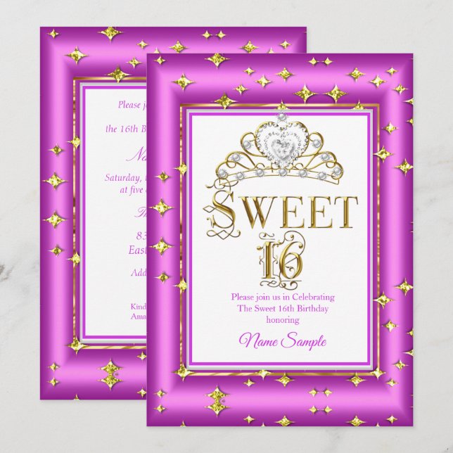 Convite Festa de Aniversário Princesa Doce 16 Dourado Roxo (Frente/Verso)