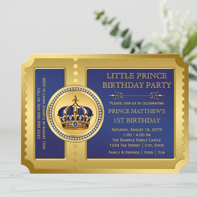 Convite Festa de aniversário Príncipe Real (Cute ticket style prince any number birthday party invitation. Simply add your event details.)