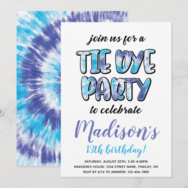 Convite Festa de aniversário púrpura e azul, qualquer idad (Frente/Verso)