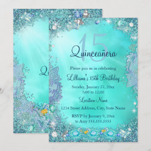 Convite Festa de Aniversário Quinceanera Azul Turquesa Oce