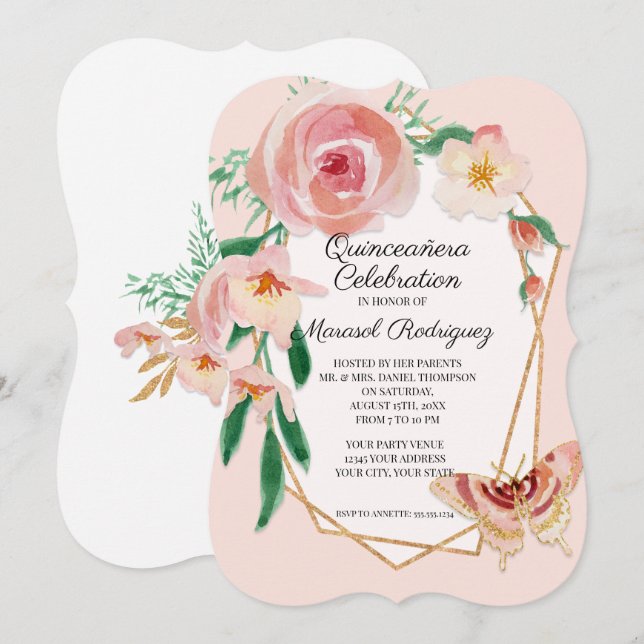 Convite Festa de aniversário Quinceañera Blush Butterfly (Frente/Verso)