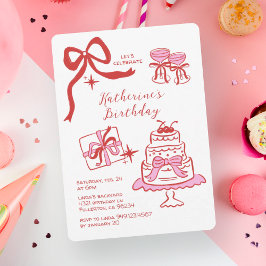 Convite Festa de Aniversário Rabisco Vermelho Rosa Desenha