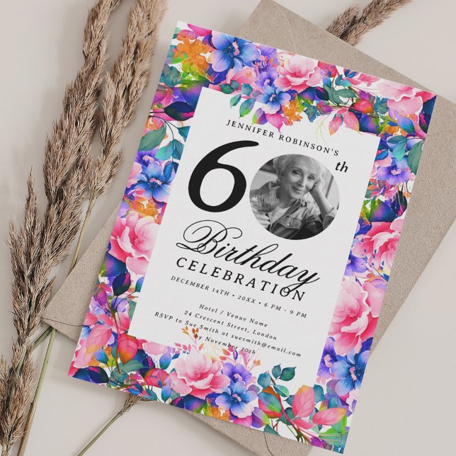 Convite Festa de aniversário Rainbow Floral Garden Foto 60 (Rainbow Floral Garden Photo 60th Birthday Party Invitation)