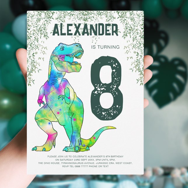 Convite Festa de aniversário Rar do Dinossaur T-Rex (T-Rex Roar dinosaur 8th birthday party invitation colorful dino art jungle foliage green typography )